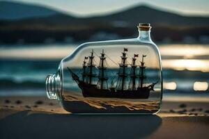 a ship in a bottle on the beach. AI-Generated photo