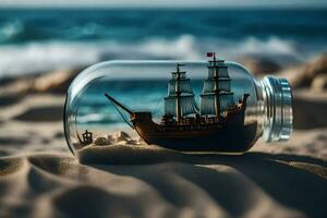 a ship in a bottle on the beach. AI-Generated photo