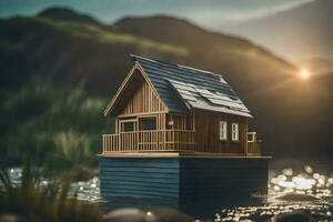 a small wooden house sits on the water in front of a mountain. AI-Generated photo