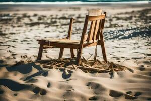 un silla sentado en el arena en el medio de el océano. generado por ai foto