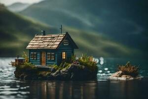 a miniature house on a small island in the middle of the water. AI-Generated photo