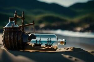 ship in a bottle on the beach. AI-Generated photo