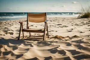 un silla se sienta en el arena a el playa. generado por ai foto