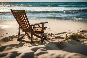 a wooden chair sits on the beach near the ocean. AI-Generated photo