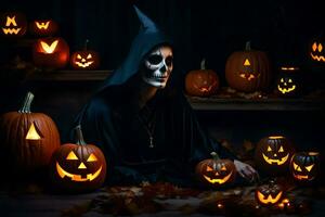 a grim looking man in a black cloak surrounded by pumpkins. AI-Generated photo