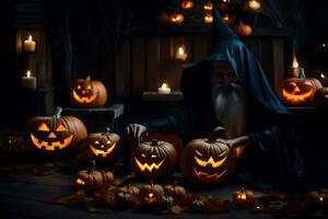 a wizard in a black cloak is surrounded by pumpkins. AI-Generated photo