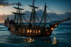 a pirate ship in the ocean at sunset. AI-Generated photo