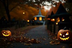 Víspera de Todos los Santos calabazas en el bosque con un casa en el antecedentes. generado por ai foto