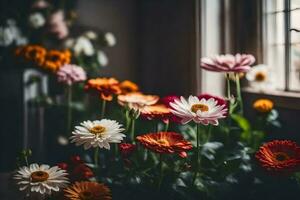 flores en un florero por el ventana. generado por ai foto