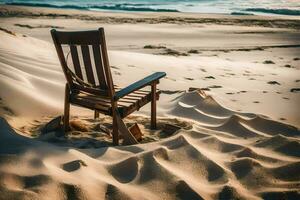 un silla se sienta en el arena en frente de el océano. generado por ai foto