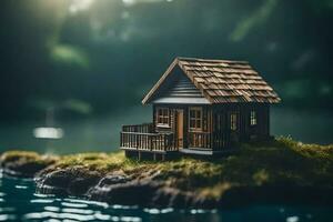 a miniature house on a small island in the water. AI-Generated photo