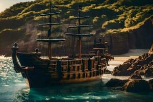 a pirate ship is in the ocean near rocks. AI-Generated photo