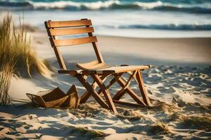 a wooden chair sits on the sand near the ocean. AI-Generated photo