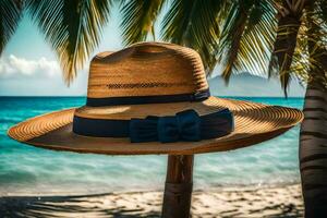 un sombrero en un palo cerca el playa. generado por ai foto