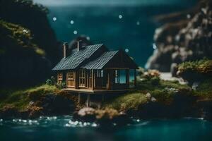 a miniature house on a small island in the ocean. AI-Generated photo