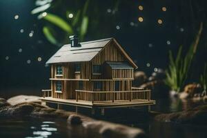 a miniature wooden house on a dock in the water. AI-Generated photo