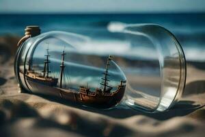 ship in a bottle on the beach. AI-Generated photo