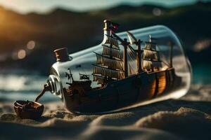 a ship in a bottle on the beach. AI-Generated photo