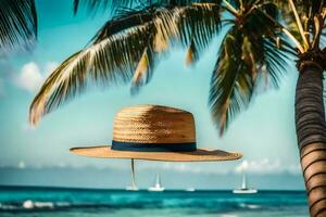 a hat hanging from a palm tree on the beach. AI-Generated photo