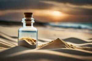 message in a bottle on the beach. AI-Generated photo