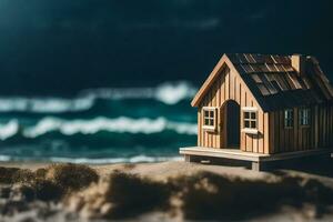 a miniature house on the beach with waves in the background. AI-Generated photo