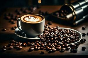 a cup of coffee is shown on a table with coffee beans. AI-Generated photo