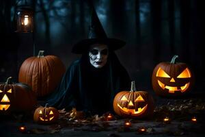 a witch sitting in the dark with pumpkins. AI-Generated photo
