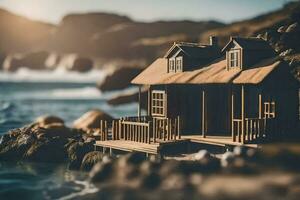 a miniature house on the beach by the ocean. AI-Generated photo