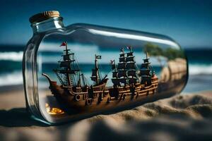 a bottle with a ship inside of it on the beach. AI-Generated photo