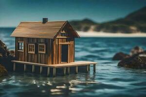 un miniatura de madera casa en un muelle en el océano. generado por ai foto