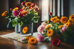 flowers in vases on a wooden floor. AI-Generated photo