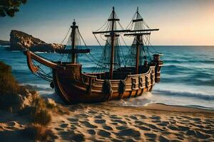 a wooden ship on the beach at sunset. AI-Generated photo