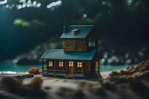 un miniatura casa en el playa a noche. generado por ai foto