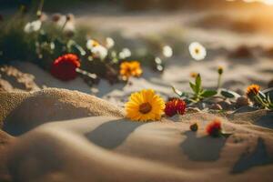 flores en el arena a puesta de sol. generado por ai foto