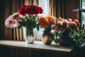 flowers in vases on a window sill. AI-Generated photo