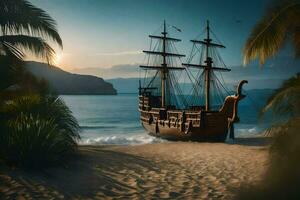 a pirate ship on the beach. AI-Generated photo