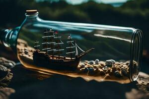 a miniature ship in a bottle on the rocks. AI-Generated photo