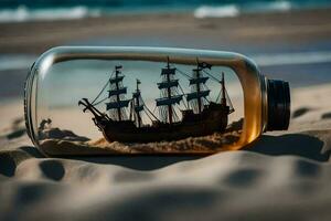 a bottle with a ship inside of it on the beach. AI-Generated photo