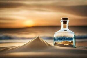 message in a bottle on the beach. AI-Generated photo