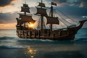 a pirate ship in the ocean at sunset. AI-Generated photo