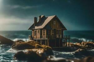 a small house on the rocks by the ocean. AI-Generated photo