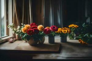 flores en floreros en un mesa cerca un ventana. generado por ai foto