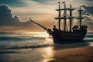 a pirate ship on the beach at sunset. AI-Generated photo