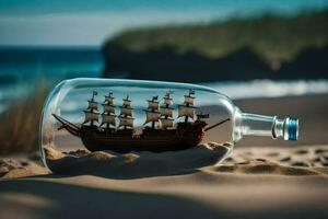 ship in a bottle on the beach. AI-Generated photo