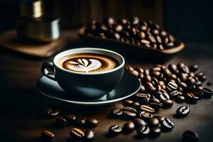 a cup of coffee is on a wooden table with coffee beans. AI-Generated photo