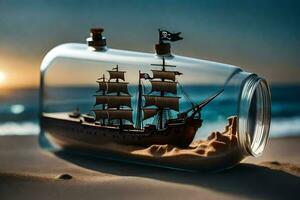 ship in a bottle, beach, sand, ocean, sunset, sunset, sunset hd wallpaper. AI-Generated photo