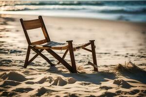 a wooden chair sits on the beach at sunset. AI-Generated photo