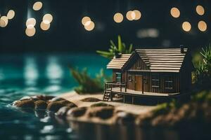 a miniature house on a small island in the water. AI-Generated photo