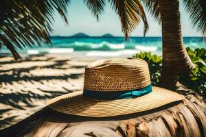 a straw hat on a palm tree on the beach. AI-Generated photo
