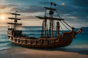 a pirate ship on the beach at sunset. AI-Generated photo